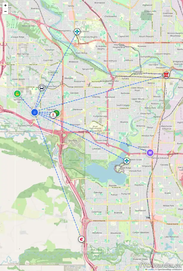 Daily accessibility map for 187 SPRINGBLUFF HT SW, Calgary showing nearby schools, grocery stores, parks, LRT stations and nearby amenities
