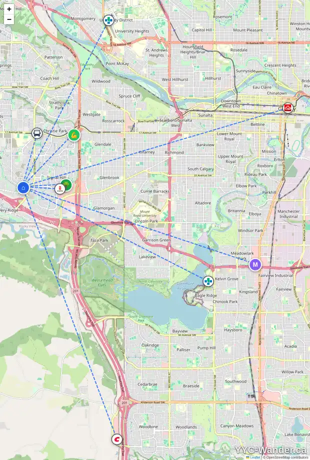 Daily accessibility map for 126 SPRINGBLUFF BV SW, Calgary showing nearby schools, grocery stores, parks, LRT stations and nearby amenities