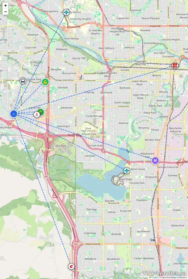 Daily accessibility map for 132 SPRINGBLUFF BV SW, Calgary showing nearby schools, grocery stores, parks, LRT stations and nearby amenities