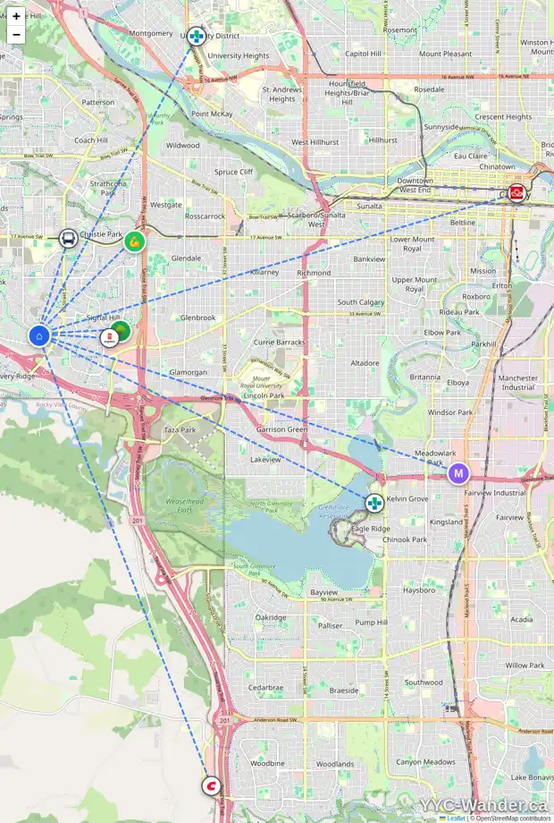 Daily accessibility map for 138 SPRINGBLUFF BV SW, Calgary showing nearby schools, grocery stores, parks, LRT stations and nearby amenities