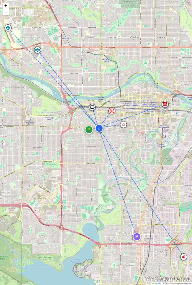 Daily accessibility map for 1812 14A ST SW, Calgary showing nearby schools, grocery stores, parks, LRT stations and nearby amenities