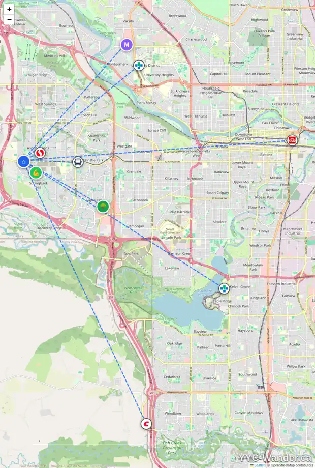 Daily accessibility map for 122 ASPEN HILLS VI SW, Calgary showing nearby schools, grocery stores, parks, LRT stations and nearby amenities