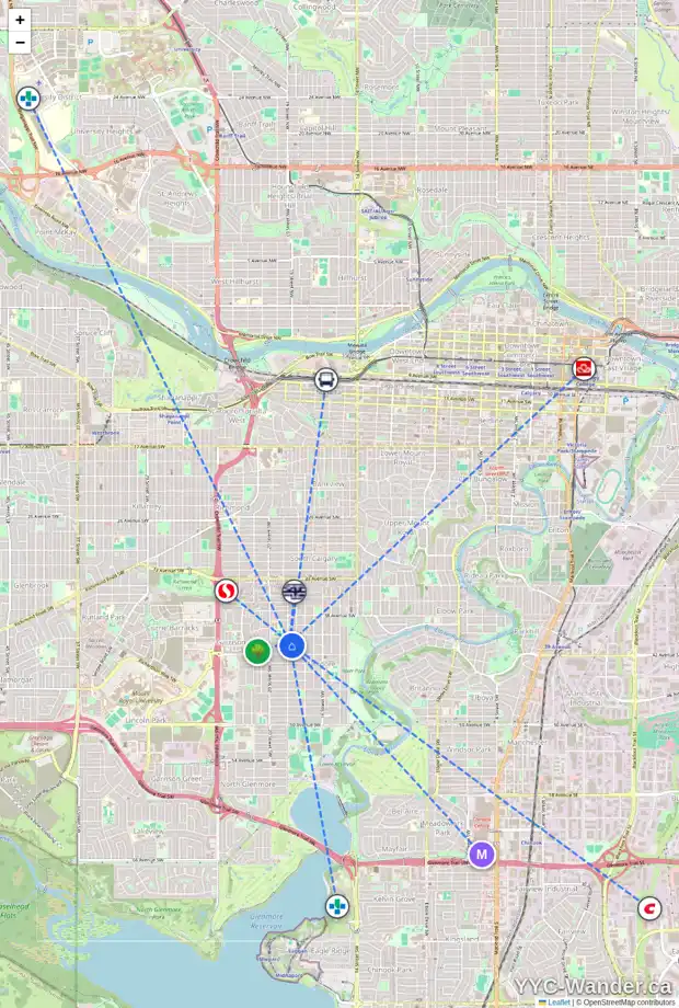Daily accessibility map for 4128 19 ST SW, Calgary showing nearby schools, grocery stores, parks, LRT stations and nearby amenities