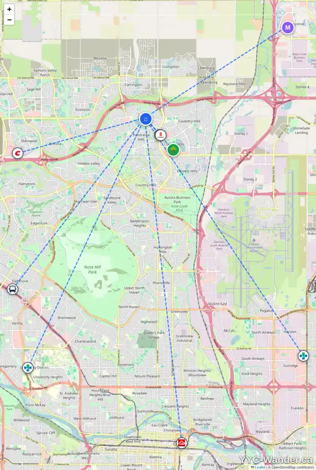 Daily accessibility map for 323 PANATELLA HE NW, Calgary showing nearby schools, grocery stores, parks, LRT stations and nearby amenities