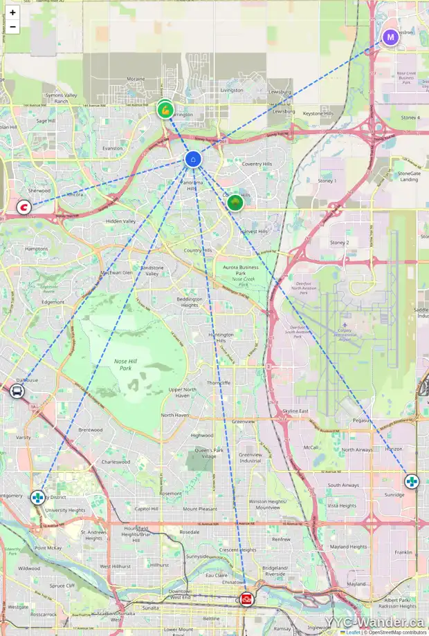 Daily accessibility map for 1792 PANATELLA BV NW, Calgary showing nearby schools, grocery stores, parks, LRT stations and nearby amenities