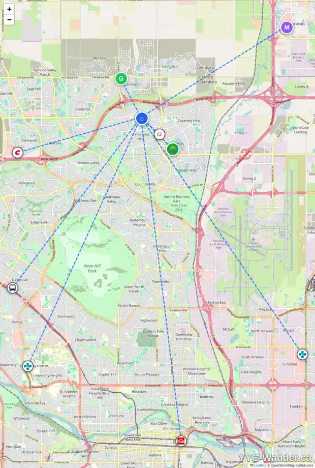 Daily accessibility map for 1808 PANATELLA BV NW, Calgary showing nearby schools, grocery stores, parks, LRT stations and nearby amenities