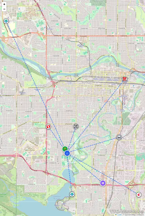 Daily accessibility map for 1730 49 AV SW, Calgary showing nearby schools, grocery stores, parks, LRT stations and nearby amenities