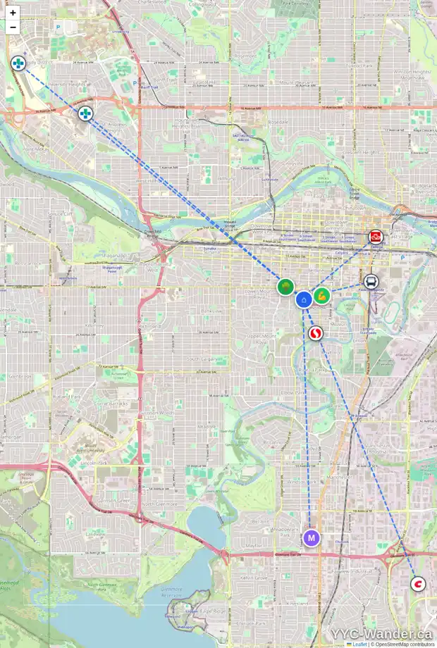 Daily accessibility map for 402 1907 5A ST SW, Calgary showing nearby schools, grocery stores, parks, LRT stations and nearby amenities