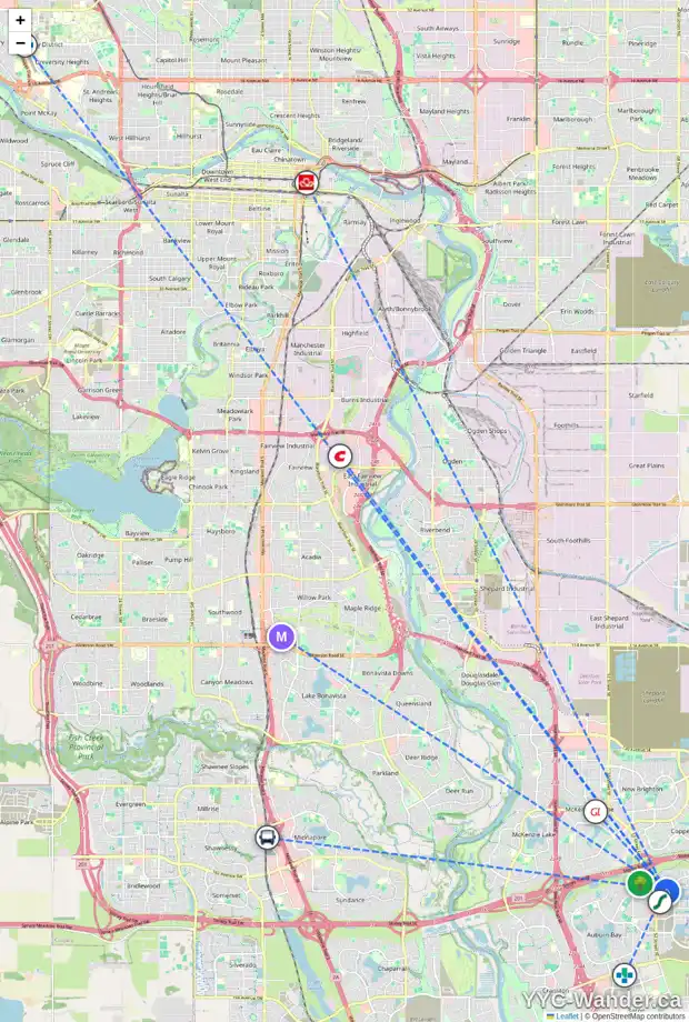 Daily accessibility map for 18 MAHOGANY TC SE, Calgary showing nearby schools, grocery stores, parks, LRT stations and nearby amenities