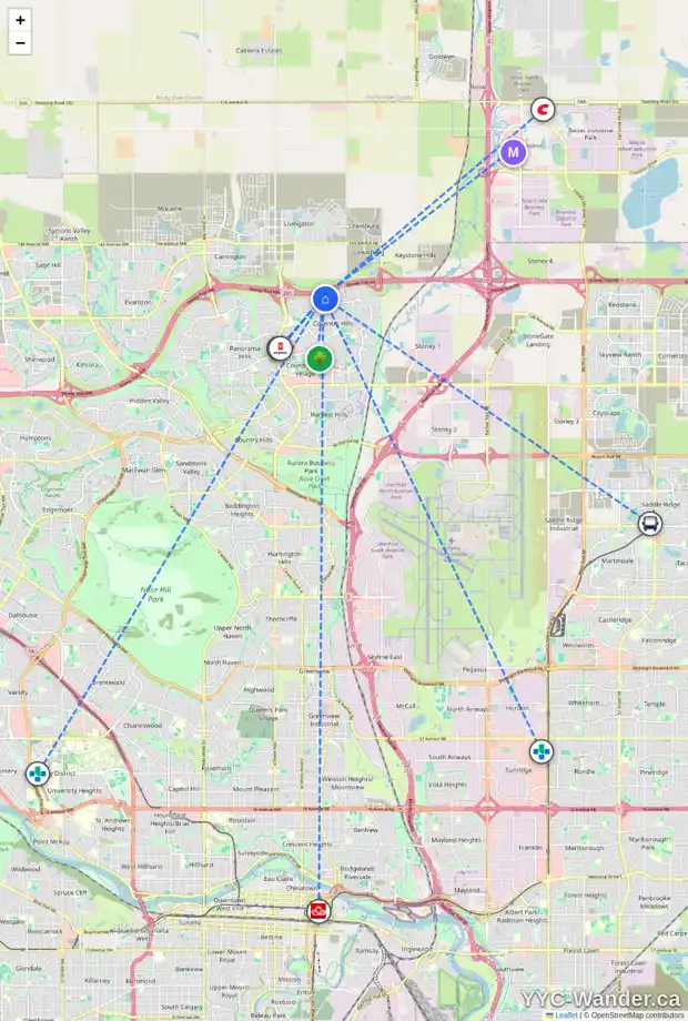 Daily accessibility map for 111 COVECREEK CO NE, Calgary showing nearby schools, grocery stores, parks, LRT stations and nearby amenities