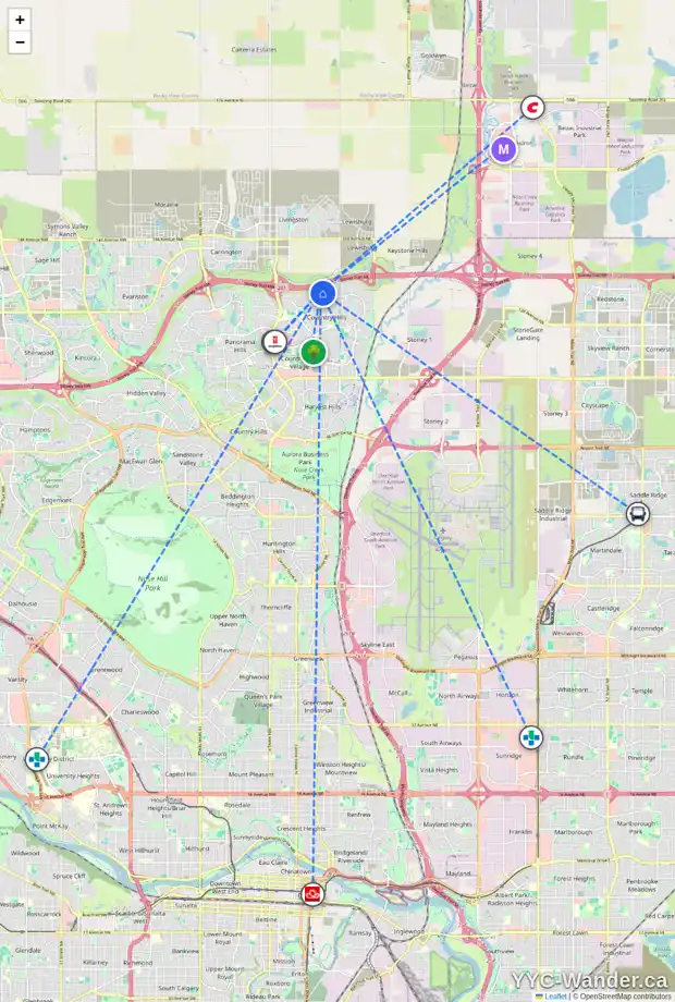 Daily accessibility map for 204 COVECREEK CO NE, Calgary showing nearby schools, grocery stores, parks, LRT stations and nearby amenities
