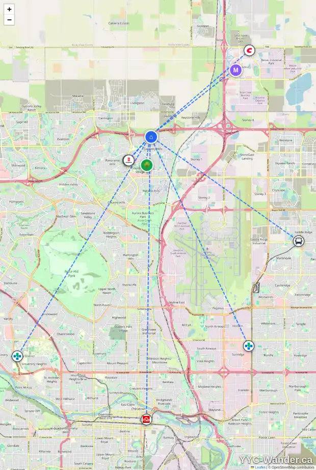 Daily accessibility map for 220 COVECREEK CO NE, Calgary showing nearby schools, grocery stores, parks, LRT stations and nearby amenities