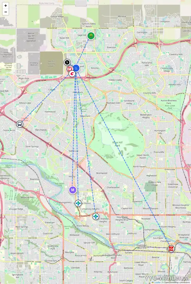 Daily accessibility map for 32 SHERWOOD GR NW, Calgary showing nearby schools, grocery stores, parks, LRT stations and nearby amenities