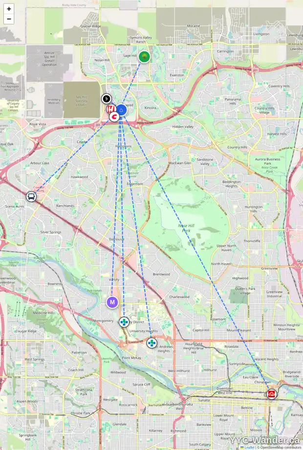 Daily accessibility map for 1249 SHERWOOD BV NW, Calgary showing nearby schools, grocery stores, parks, LRT stations and nearby amenities