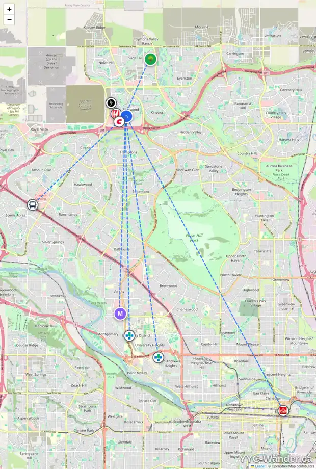 Daily accessibility map for 1240 SHERWOOD BV NW, Calgary showing nearby schools, grocery stores, parks, LRT stations and nearby amenities
