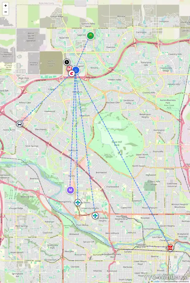 Daily accessibility map for 1244 SHERWOOD BV NW, Calgary showing nearby schools, grocery stores, parks, LRT stations and nearby amenities