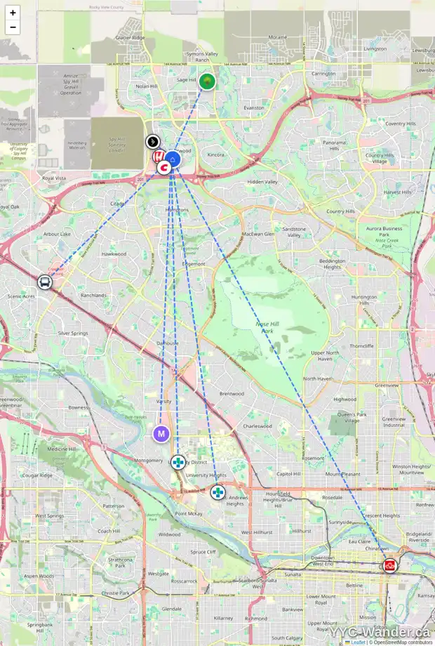 Daily accessibility map for 1256 SHERWOOD BV NW, Calgary showing nearby schools, grocery stores, parks, LRT stations and nearby amenities