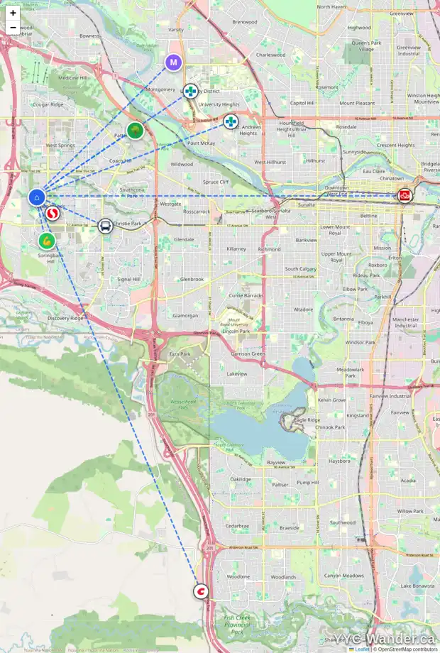 Daily accessibility map for 48 ASPEN STONE CO SW, Calgary showing nearby schools, grocery stores, parks, LRT stations and nearby amenities