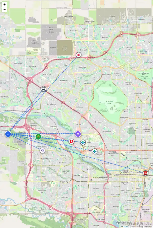 Daily accessibility map for 3 CRESTRIDGE PT SW, Calgary showing nearby schools, grocery stores, parks, LRT stations and nearby amenities