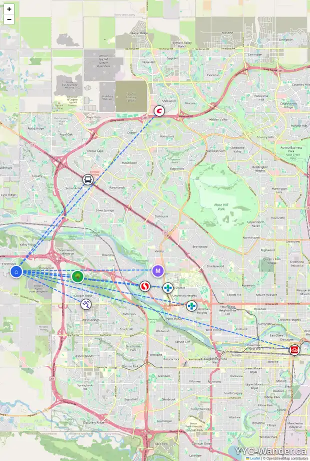 Daily accessibility map for 7 CRESTRIDGE PT SW, Calgary showing nearby schools, grocery stores, parks, LRT stations and nearby amenities