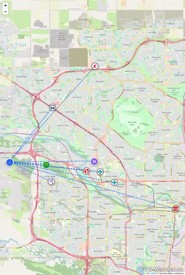 Daily accessibility map for 15 CRESTRIDGE PT SW, Calgary showing nearby schools, grocery stores, parks, LRT stations and nearby amenities