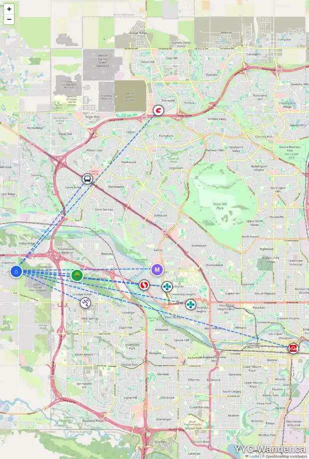 Daily accessibility map for 19 CRESTRIDGE PT SW, Calgary showing nearby schools, grocery stores, parks, LRT stations and nearby amenities