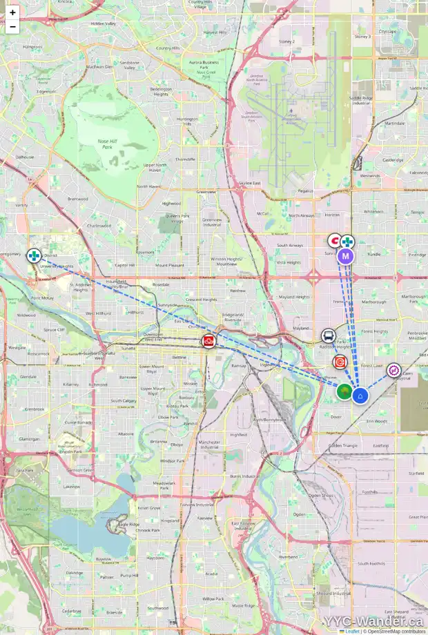 Daily accessibility map for 35 DOVERDALE ME SE, Calgary showing nearby schools, grocery stores, parks, LRT stations and nearby amenities