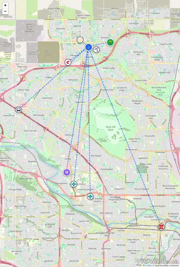 Daily accessibility map for 180 KINLEA LI NW, Calgary showing nearby schools, grocery stores, parks, LRT stations and nearby amenities