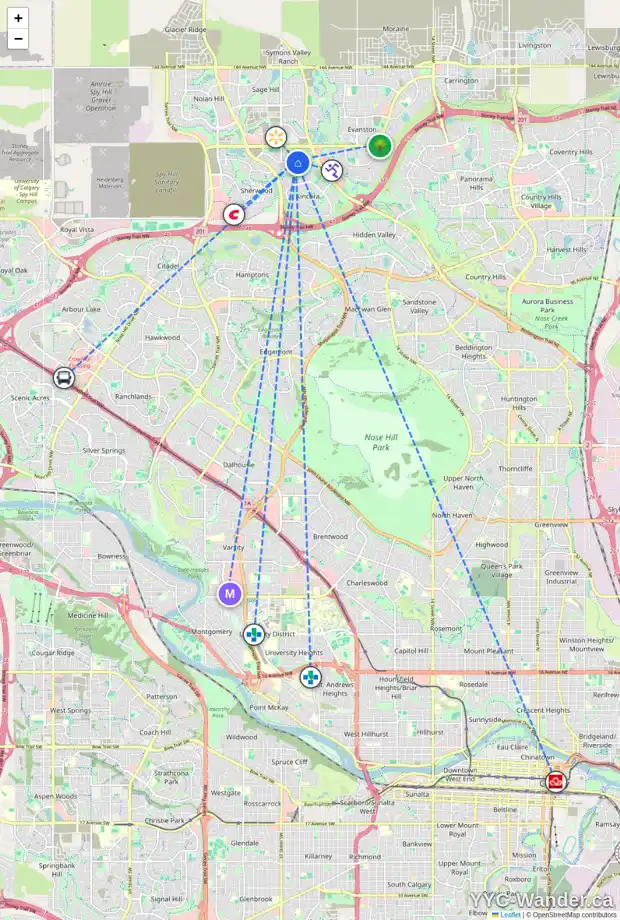 Daily accessibility map for 8 KINLEA LI NW, Calgary showing nearby schools, grocery stores, parks, LRT stations and nearby amenities