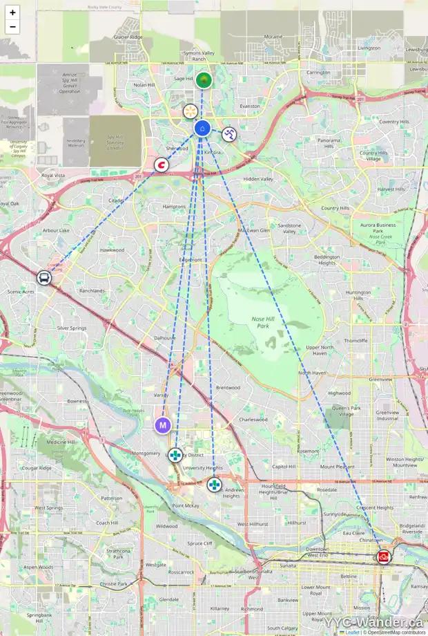 Daily accessibility map for 144 KINLEA WY NW, Calgary showing nearby schools, grocery stores, parks, LRT stations and nearby amenities