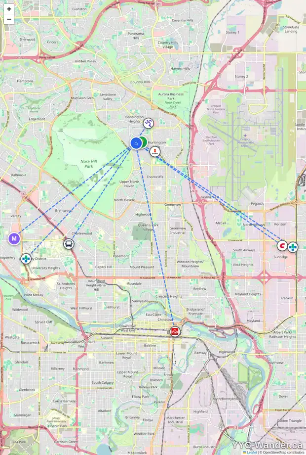 Daily accessibility map for 2 103 HUNTINGTON PARK GR NW, Calgary showing nearby schools, grocery stores, parks, LRT stations and nearby amenities