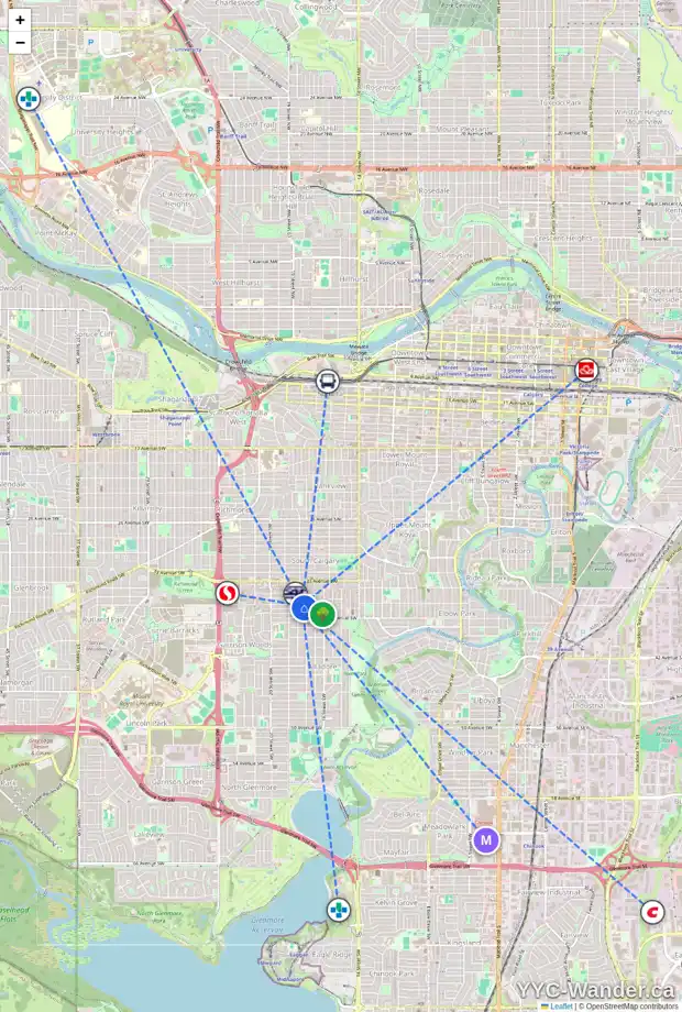 Daily accessibility map for 1812 37 AV SW, Calgary showing nearby schools, grocery stores, parks, LRT stations and nearby amenities