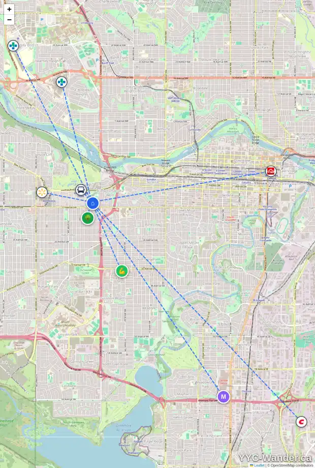 Daily accessibility map for 1717 25 ST SW, Calgary showing nearby schools, grocery stores, parks, LRT stations and nearby amenities