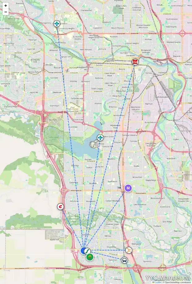 Daily accessibility map for 2101 8 BRIDLECREST DR SW, Calgary showing nearby schools, grocery stores, parks, LRT stations and nearby amenities