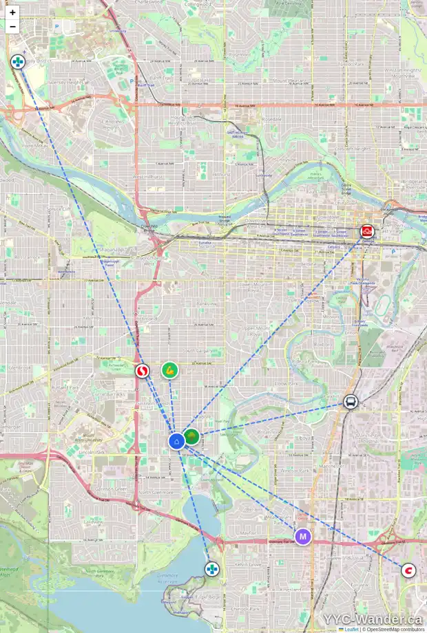 Daily accessibility map for 2023 47 AV SW, Calgary showing nearby schools, grocery stores, parks, LRT stations and nearby amenities