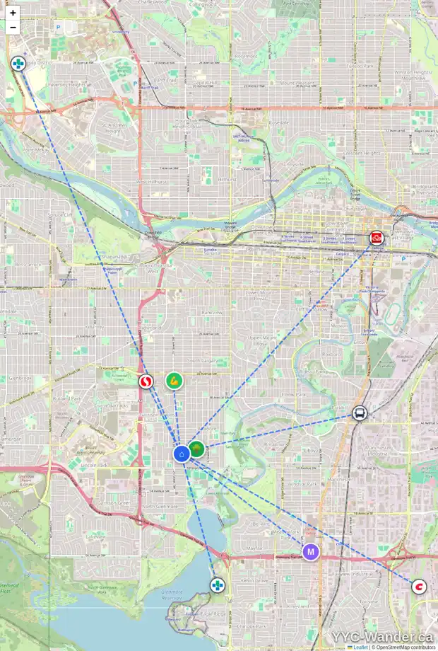 Daily accessibility map for 2021 47 AV SW, Calgary showing nearby schools, grocery stores, parks, LRT stations and nearby amenities