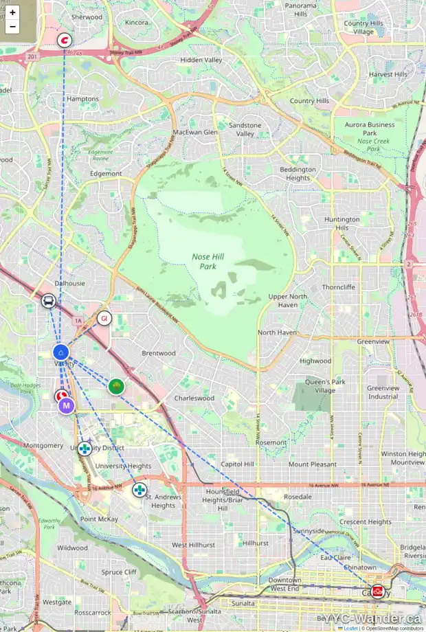 Daily accessibility map for 3 4839 VARSITY DR NW, Calgary showing nearby schools, grocery stores, parks, LRT stations and nearby amenities