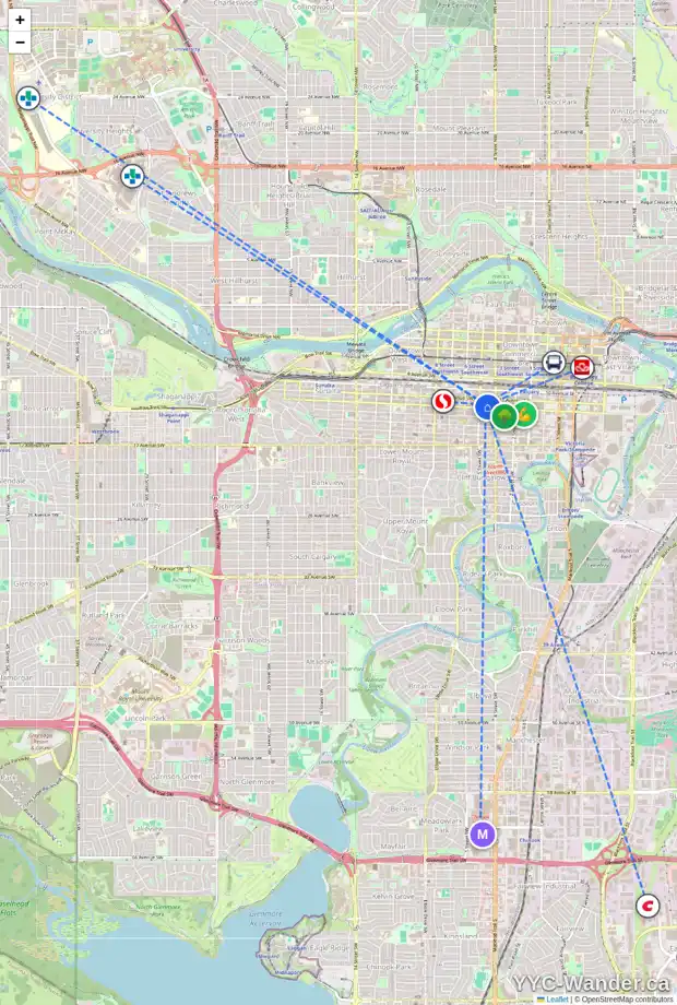 Daily accessibility map for 1605 530 12 AV SW, Calgary showing nearby schools, grocery stores, parks, LRT stations and nearby amenities