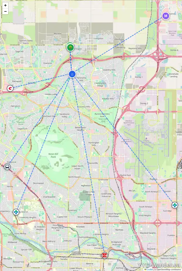 Daily accessibility map for 104 20 PANATELLA LD NW, Calgary showing nearby schools, grocery stores, parks, LRT stations and nearby amenities