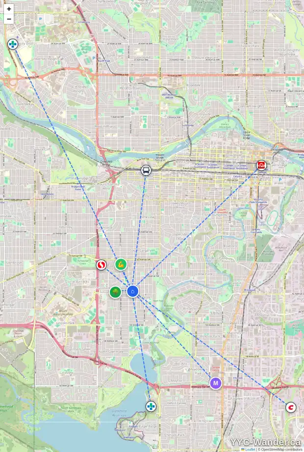 Daily accessibility map for 4207 18 ST SW, Calgary showing nearby schools, grocery stores, parks, LRT stations and nearby amenities