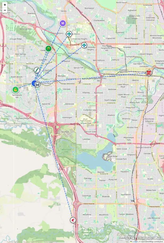Daily accessibility map for 202 ASPEN MEADOWS HL SW, Calgary showing nearby schools, grocery stores, parks, LRT stations and nearby amenities