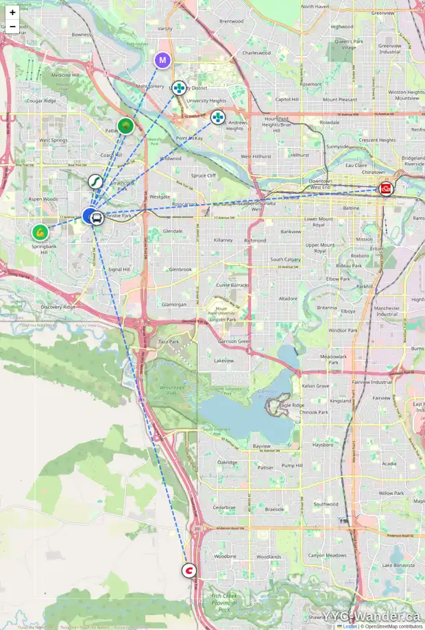 Daily accessibility map for 218 ASPEN MEADOWS HL SW, Calgary showing nearby schools, grocery stores, parks, LRT stations and nearby amenities