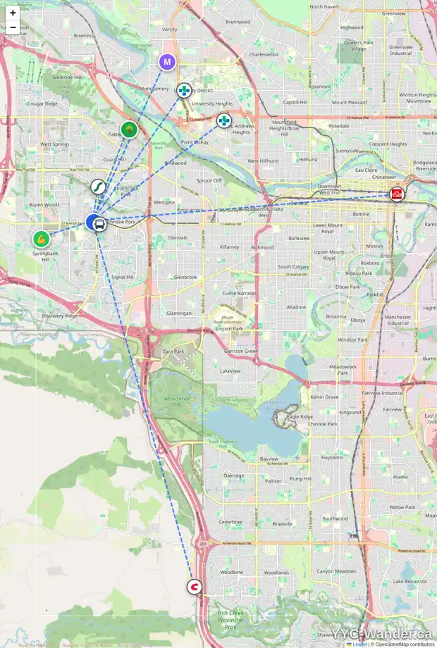 Daily accessibility map for 303 ASPEN MEADOWS HL SW, Calgary showing nearby schools, grocery stores, parks, LRT stations and nearby amenities