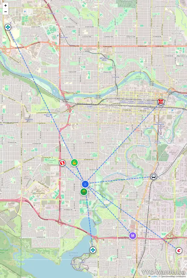 Daily accessibility map for 4408 17 ST SW, Calgary showing nearby schools, grocery stores, parks, LRT stations and nearby amenities