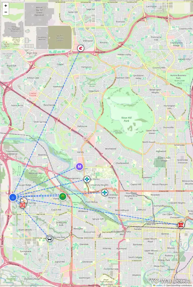 Daily accessibility map for 99 WENTWORTH HL SW, Calgary showing nearby schools, grocery stores, parks, LRT stations and nearby amenities