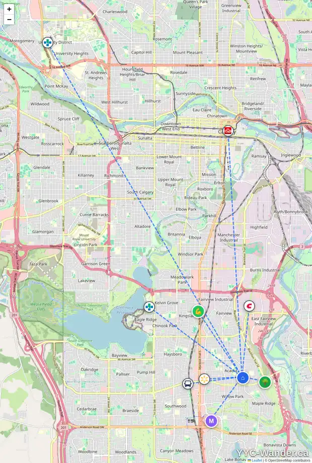 Daily accessibility map for 9611 ASSINIBOINE RD SE, Calgary showing nearby schools, grocery stores, parks, LRT stations and nearby amenities