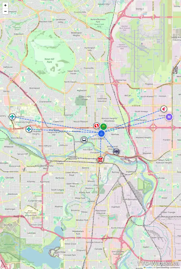 Daily accessibility map for 203 320 12 AV NE, Calgary showing nearby schools, grocery stores, parks, LRT stations and nearby amenities