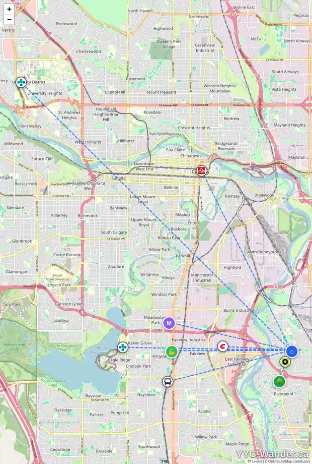 Daily accessibility map for 7220 20 ST SE, Calgary showing nearby schools, grocery stores, parks, LRT stations and nearby amenities