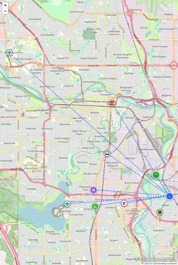 Daily accessibility map for 2236 CRESTWOOD RD SE, Calgary showing nearby schools, grocery stores, parks, LRT stations and nearby amenities