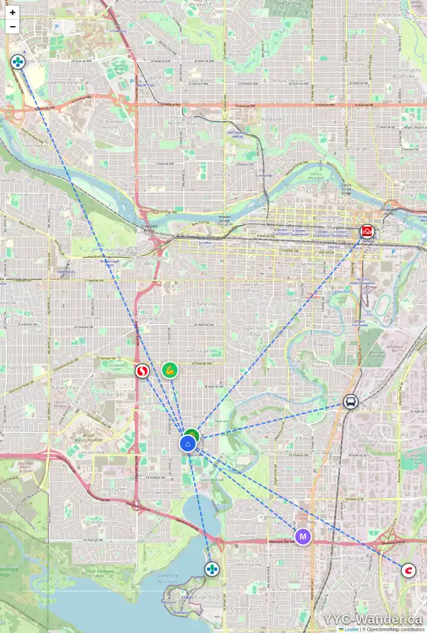 Daily accessibility map for 1924 48 AV SW, Calgary showing nearby schools, grocery stores, parks, LRT stations and nearby amenities